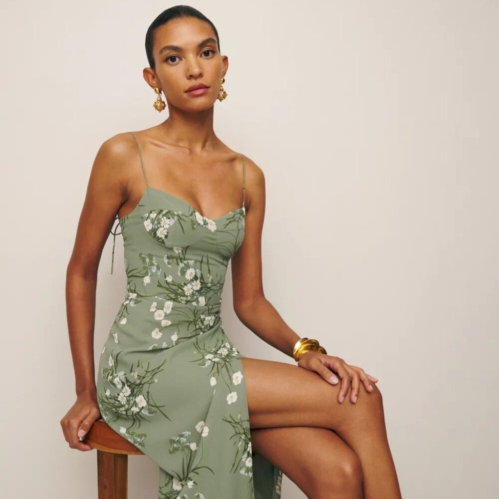 Reformation Kourtney Dress, Green and White Floral, Size 2